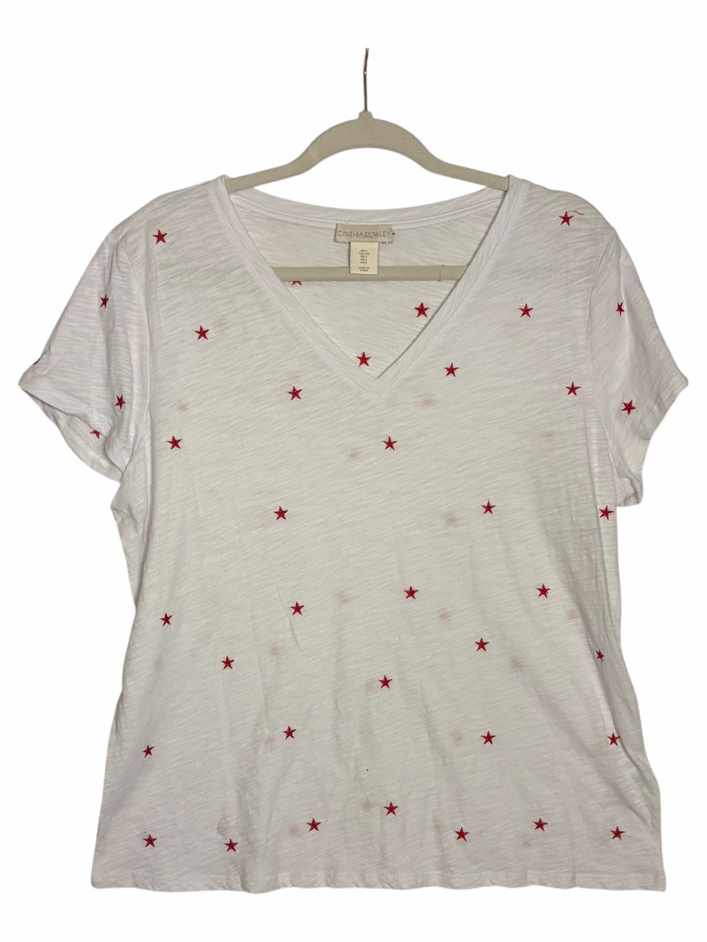 Cynthia Rowley Shirt Womens Large Red Star Print V Neck Short Sleeve Top Cotton